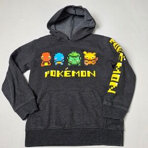Pokemon Hoodie Boys Small Gray 8-Bit Pixel Art Pikachu Starters Pullover